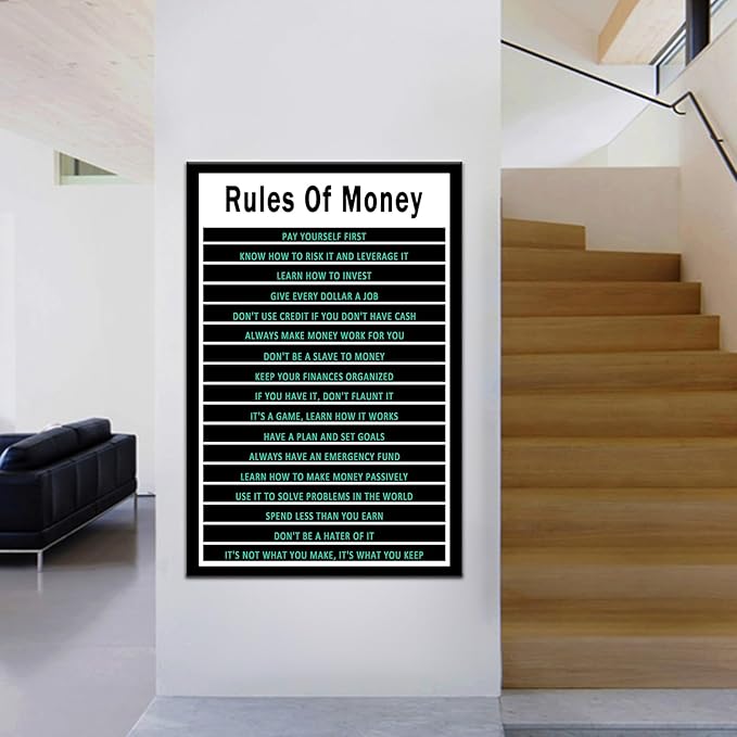 PSYYSP Rules Of Money Motivational Quotes Wall Art Canvas Poster Inspirational Positive Picture Print Artwork for Modern Home Living Room School Office Ready to Hang [24''Wx36''H]