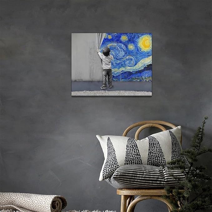 Banksy Wall Art Boys Starry Night Street Graffiti Pictures Wall Decor Kids Canvas Painting Pop Home Modern Artwork Decorations Framed for Living Room Bedroom Bathroom Office 16 x 12 inch