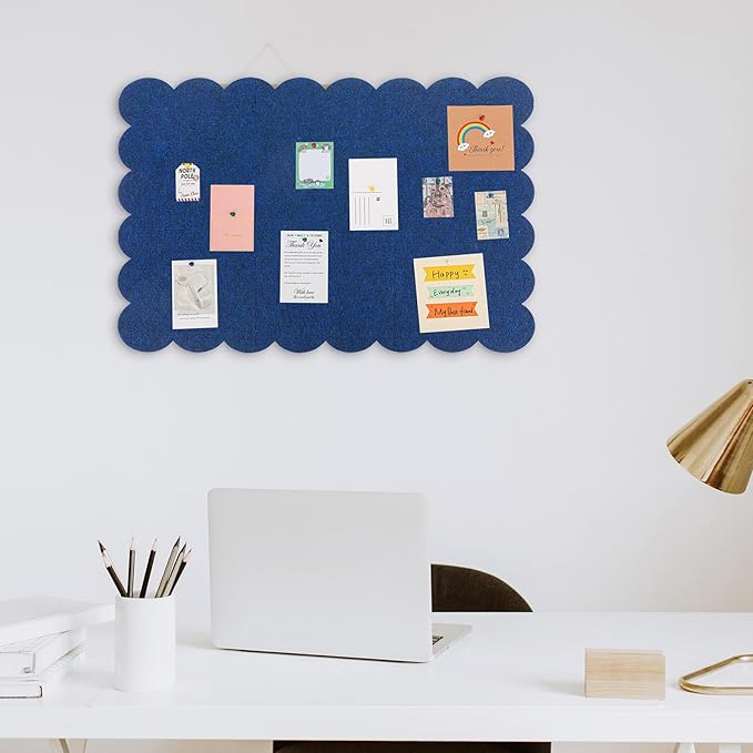 Scalloped Felt Bulletin Board 24 x 18 Inches Foldable Dark Blue Pin Cork Board Alternative for Wall, 2' x 1.5' Trifold Picture Vision Self Adhesive Bulletin Decorative