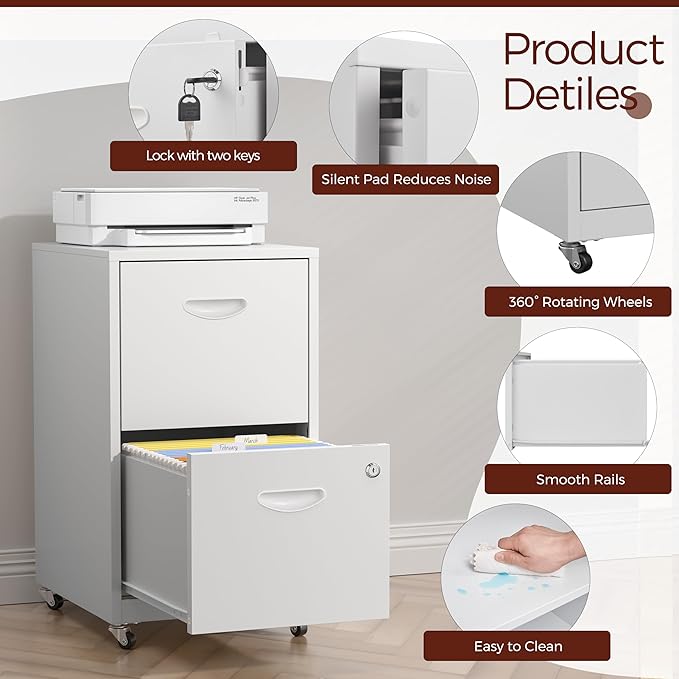 2 Drawer Mobile File Cabinet with Lock, White Metal Filing Cabinets with Wheels, Vertical Rolling File Cabinet Fit Hanging Files, Letter and A4 Documents