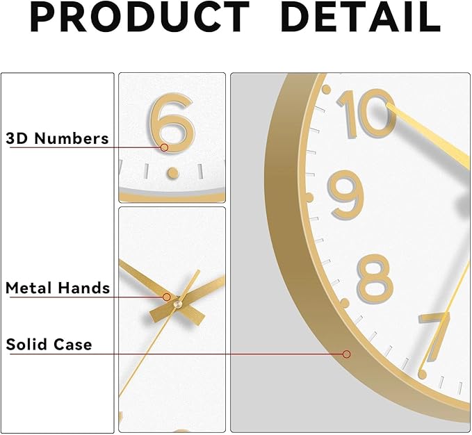Wall Clock 12 Inch Silent Wall Clocks Battery Operated-Modern Non Ticking Analog Clock Decorative for Kitchen Bedroom Office (White Gold)