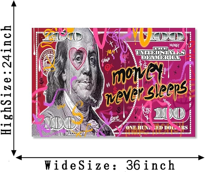 100 Dollar Bill Wall Art Canvas Print and Graffiti Poster Inspirational People Cash Benjamin Franklin Art Modern Home Decoraction, Stretched & Framed 24"W x 36"H