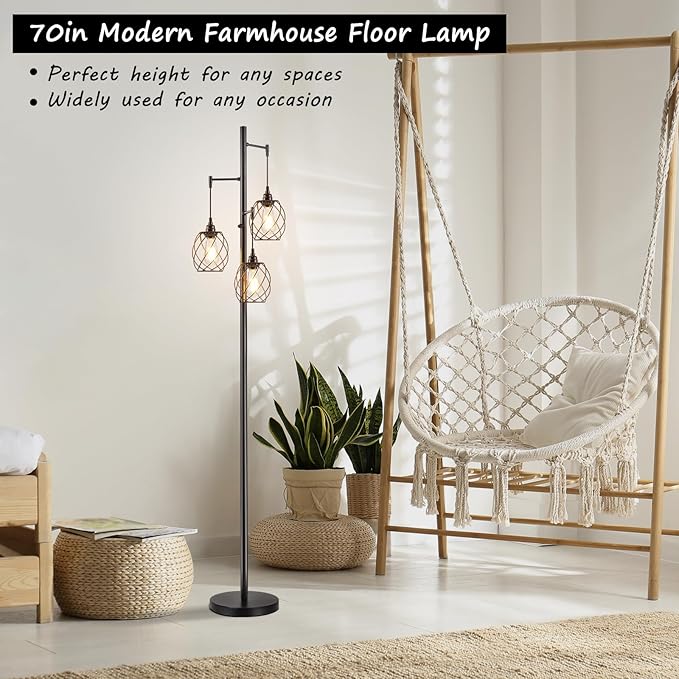 Sucolite 70" Dimmable Floor Lamp for Living Room, Industrial 3-Light Tree Floor Lamp Black with Cages, Farmhouse Rustic Tall Standing Lamp Floor Lighting for Bedroom Office, LED Edison Bulbs