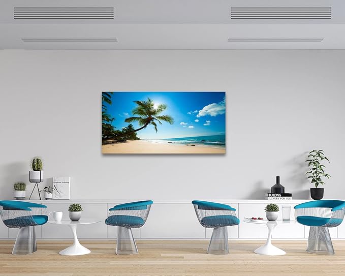 Muolunna X0650 Large Canvas Wall Art Summer Ocean Waves Prints Coconut Trees Beach Seascape Painting Hawaii Sea Nature Pictures Stretched and Framed for Living Room Home Office Wall Decor Artwork