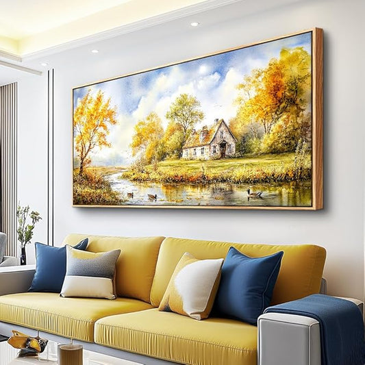 ERQINHUA Large Wall Decoration Canvas For Bedroom Wall Art For Living Room Office Decor Yellow Pastoral Creek Landscape Painting Wood Frame Pictures Art Print Farmhouse Home Wall Aesthetics 24"x48"