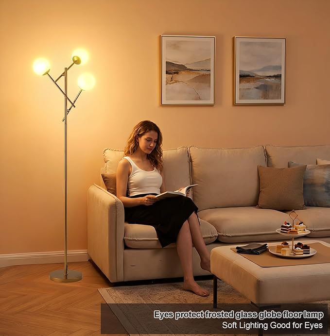 Fiqevs 3-Globe Floor Lamp - Adjustable Mid Century Modern Stand Lamp with Warm White LED Bulbs for Living Room, Bedroom - Antique Brass/Gold