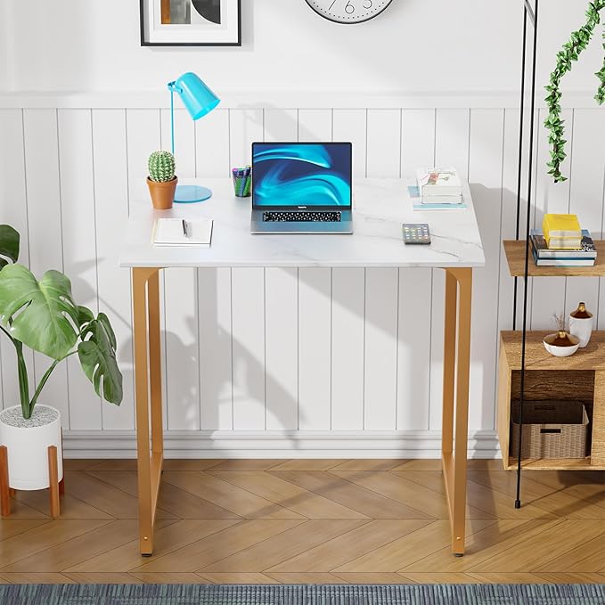 Dkelincs 32 Inch Small Computer Desk Home Office Desk Writing Desk Modern Simple Style Study Work Table with Metal Frame, Easy Assembly, Adjustable Feet, Water-Resistant, Scratchproof Surface, Gold