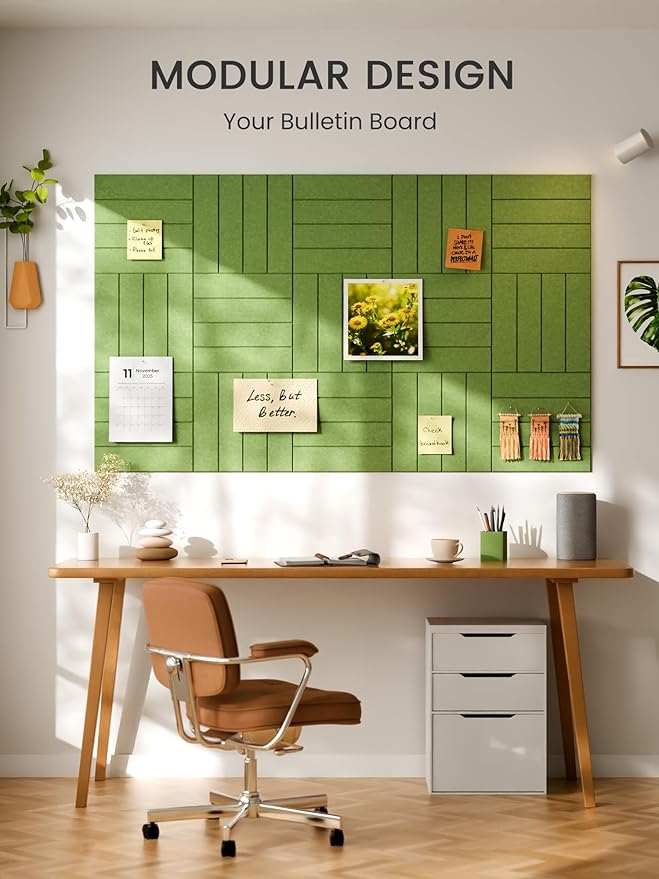 Bumusty Large Cork Board Alternative-36 x 24" Felt Bulletin Board Tiles, with 30 Pushpins, 40 Adhesive Tabs, 6-Pack Slat Wall Paneling, Cork Boards for Office Push Pin Board Felt Board-Kelly Green