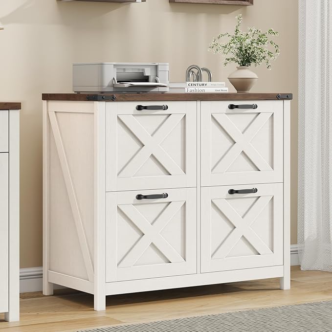 Lateral File Cabinet with 4 Drawers, Farmhouse File Cabinet for Letter/A4 Size Hanging Files, Large Wood File Storage Cabinets Printer Stand for Home Office Cabinets, Rustic White and Brown