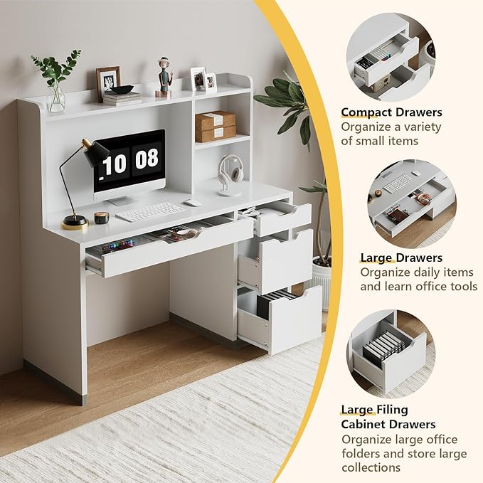 White Desk with Hutch, 53 Inch Computer Desk with Storage File Drawer, White Study Desk with 4 Drawers for Bedroom, Small Space
