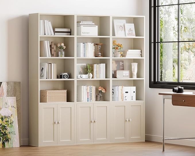 Casaottima Bookshelf and Bookcase with Doors, Floor Standing 6-Tier Shelf Display Storage Shelves, Tall Bookcases for Home Office, Living Room, White