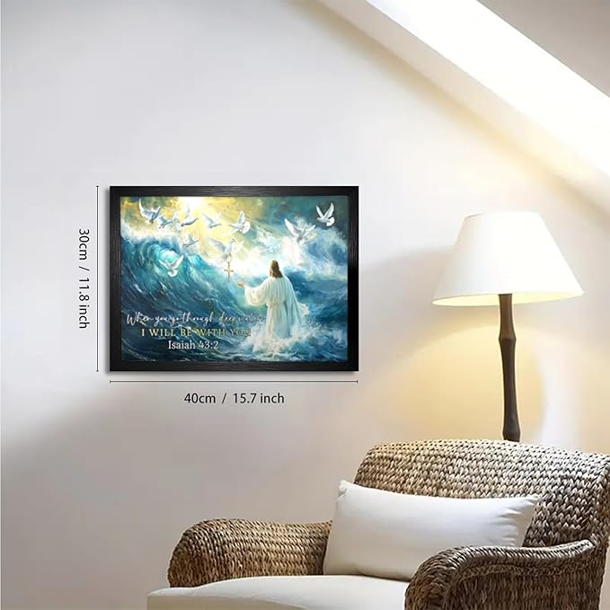 Jesus Walking on Water Canvas Wall Art Christian Wall Art Pigeon and Jesus Painting Pictures Artwork Modern Framed Religious Christian Decor for Living Room Bedroom Church 12x16 Inch