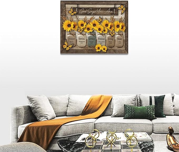 Christian Sunflower Wall Art Rustic Butterfly Bible Verse Pictures Wall Decor Country God Says You Are Canvas Painting Modern Home Artwork Decoration for Bathroom Living Room Bedroom Office Framed