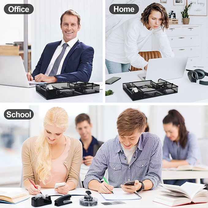 Buqoo Black Office Supplies Set,Black Office Desk Accessories,Desk Drawer Organizer,Stapler and Tape Dispenser Set,Tape,Staple Remover, Staples, Paper Clips, Scissor and Sticky Note
