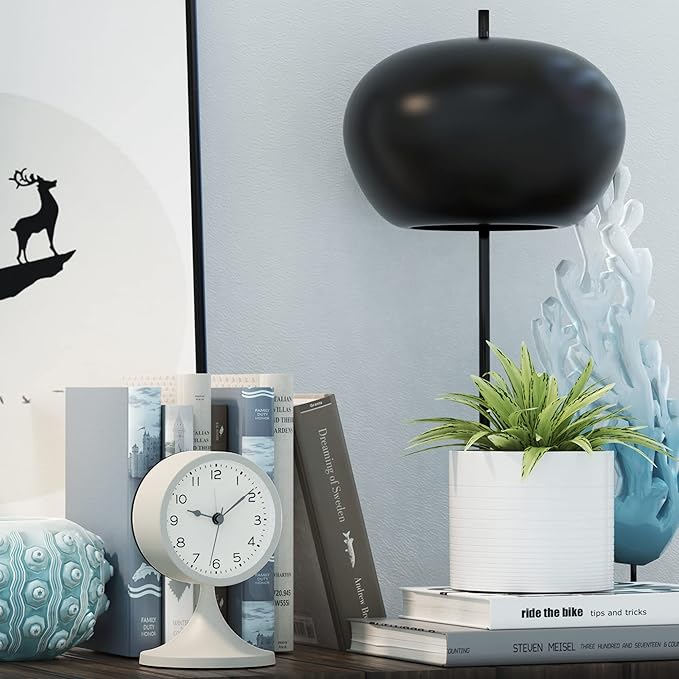 AYRELY® 3" Cute Analog Alarm Clock,Small Retro Table Clock Battery Operated,Slient Metal Desk Clock with Light for Living Room Decor,Bedroom,Bedside,Shelf (White)
