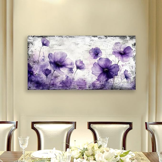 Wall Art for Living Room Decor Purple Floral Picture Prints Modern Watercolor Poppy Painting Artwork Home Decor Framed Wall Decor Large Size 24 x 48 in Ready to Hang