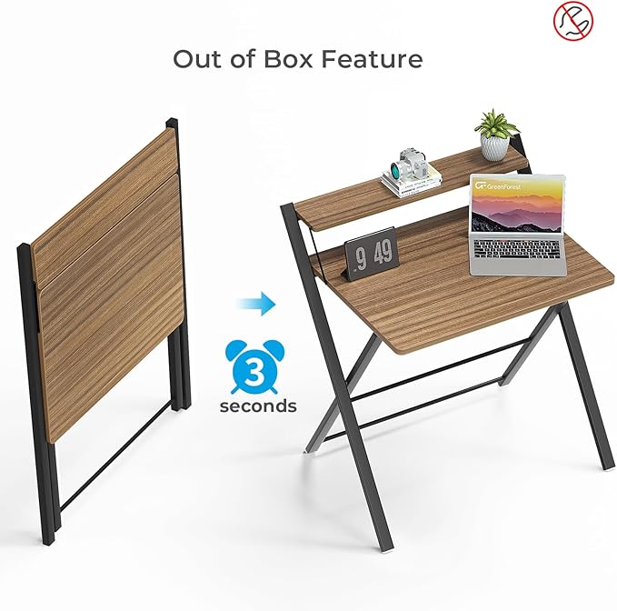 GreenForest No Assembly Folding Desk, 2-Tier Compact Computer Desk with Shelf, 30 inch Space Saving Foldable Table for Home Office, Dorm or Apartment, Portable Collapsible Sturdy Laptop Desk, Espresso