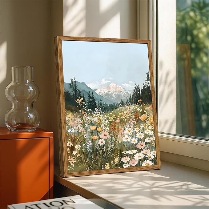 Framed Boho Landscape Wall Art, Colorful Floral Mountain Pictures Wall Decor, Vintage Wildflower Nature Paintings Canvas Prints Rustic Home Decor for Living Room Bedroom Office 12x16 inch