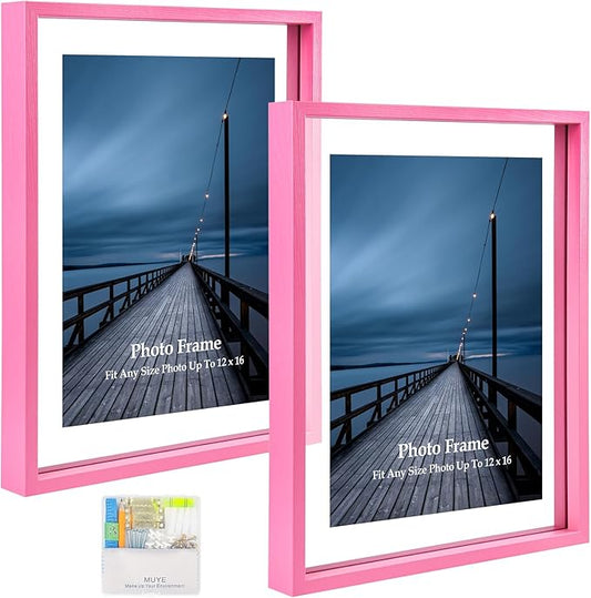 MUYE 12x16 Floating Frame Set of 2,Double Real Glass Photo Frame,Display Any Size Photo up to 12x16,Wall Mount or Tabletop Standing,Pink