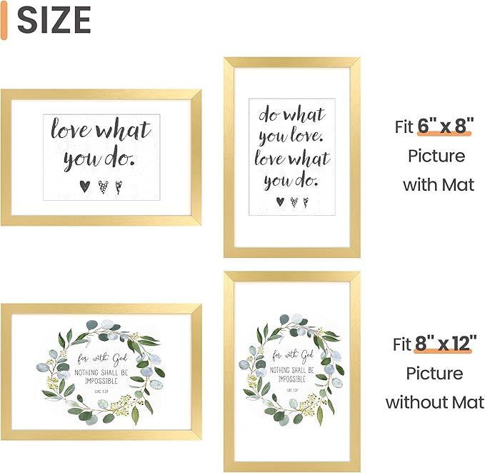 upsimples 8x12 Picture Frame Set of 5, Display Pictures 6x8 with Mat or 8 x 12 Without, Wall Gallery Photo Frames, Gold