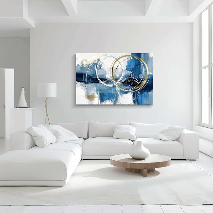 gaosoul Minimalist Abstract Canvas Wall Art Blue and Gold Doodles on White Background Painting Prints Stylish Framed Artwork for Living Room Bedroom Office Decor 48x32in