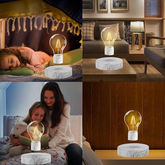 VGAzer Magnetic Levitating Floating LED Light Bulb Desk Lamp for Unique Gifts, Room Decor, Night Light, Home Office Decor Desk Tech Toys (Round Marble Base)