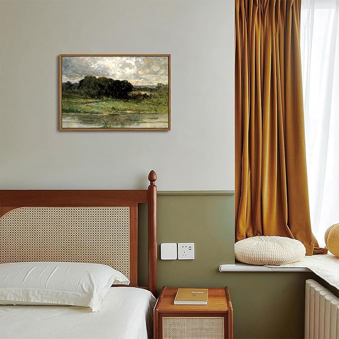 OIQArtOIQ Framed Vintage Landscape Wall Art Lake Natural Scenery Oil Painting Canvas Prints Country Farmhouse Decor Aesthetic Pictures for Kitchen Bedroom Living Room Bathroom