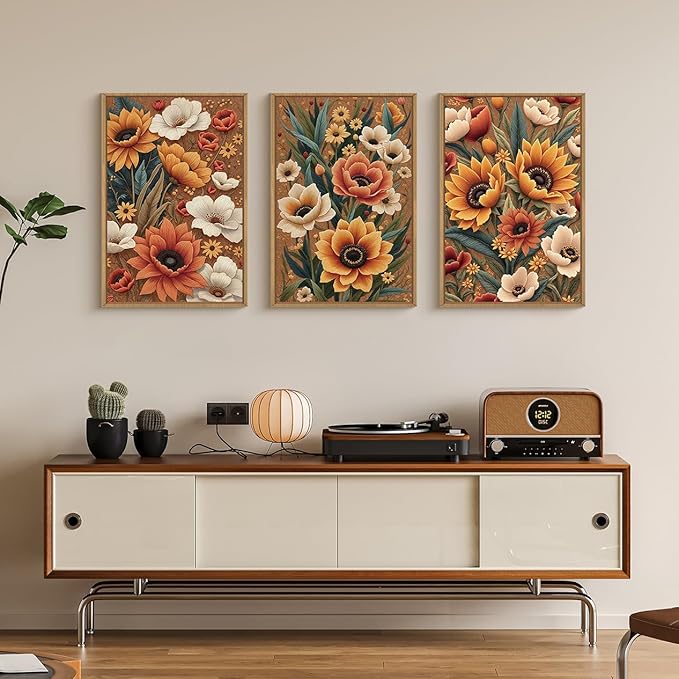 Large Boho Flower Botanical Framed Canvas Wall Art,Abstract Floral Wall Decor,Embroidery Plant Painting,Bloom Wildflower Artwork for Living Room,Bedroom,Dining Room,Office -16"x24"x3