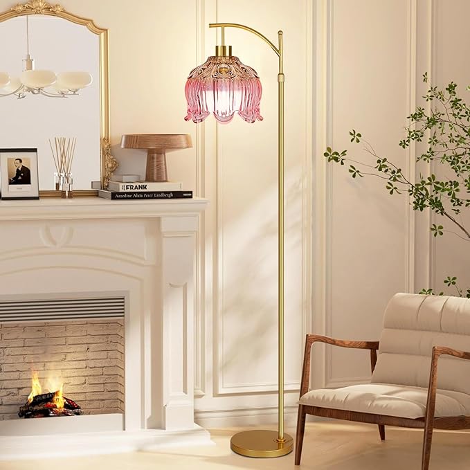 Pink Floor Lamp for Living Room,Bedroom,Glass Mid Century Modern Standing Lamp with Remote,Dimmable Gold Brass Tall Lamp Tulip Flower Arc Floor Light Boho Bohemian