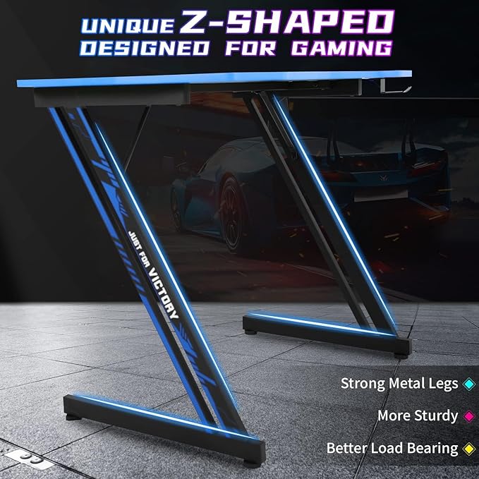 35 in Gaming Desk Z-Shaped Game Computer Desk with Hook Cheap PC Game Table Home Office Desks for Bed Sofa, Gaming Workstation for Kid, Easy to Install, Lightweight to Move, Blue
