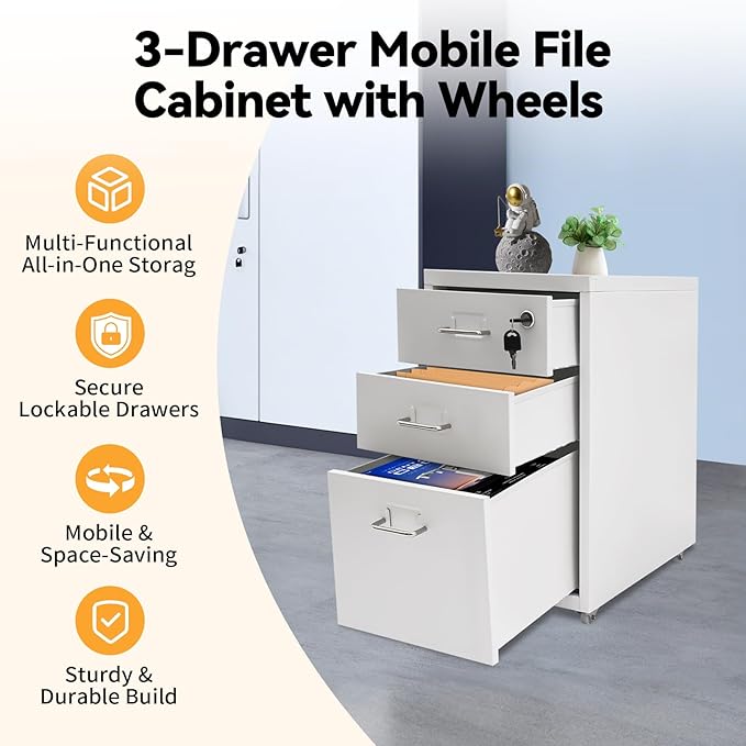 3 Drawer File Cabinet, Lockable Small Filing Cabinet for Home Office, with Wheels, Fits A4 / Letter Size, Steel Office File Cabinets (White)