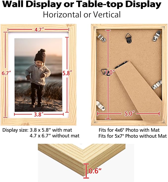 KINLINK 5x7 Picture Frame Wood Grain Set of 6, Wooden Photo Frame Matted 4x6 with Plexiglass for 4x6 with Mat or 5x7 without Mat for Table and Wall Display