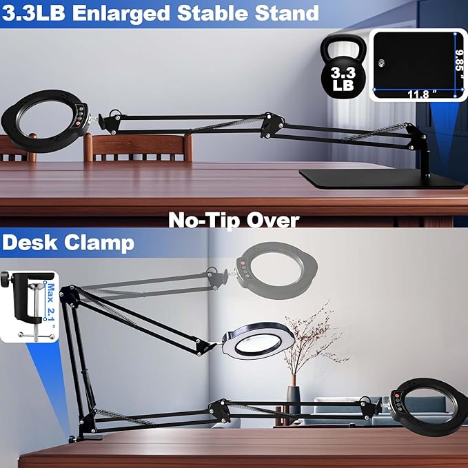 15X Magnifying Glass with Light and Stand, 2-in-1 Lighted Magnifying Desk Lamp Dimmable Magnifier Lamp with Light and Clamp Long Arm 84PCS LED Beads Real Glass Lens for Work Close Work Hobby