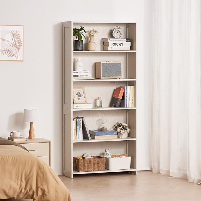 VEVOR 5 Tiers Wide Bookshelf, 68 in Wooden Open Bookcase with Display Storage Organizer Shelf, Freestanding Tall Display Floor Bookcase Bookshelf for Library, Bedroom, Living Room, Office, White