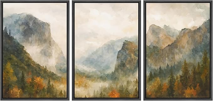 SIGNFORD Framed Wall Art Print Set Misty Mountain Valley Watercolor Serene Nature Landscape Digital Art Modern Art Contemporary for Living Room, Bedroom, Office - 16"x24"x3 Black