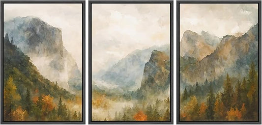 SIGNFORD Framed Wall Art Print Set Misty Mountain Valley Watercolor Serene Nature Landscape Digital Art Modern Art Contemporary for Living Room, Bedroom, Office - 16"x24"x3 Black