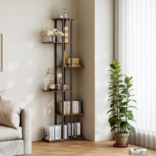 6 Tier Corner Bookshelf，Slim Open Bookshelf，Small Book Shelf for Small Spaces，Living Room, Home Office, 9.45 x 20.8 x 62.2 Inches,（1PC+Rustic Borwn