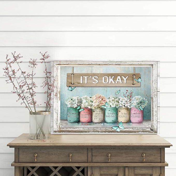 Parylore Inspirational It's Okay Canvas Wall Art Encouraging Bible Verses On Cute Marson Jars and Butterflies Teal Background Artwork for Bedroom Bathroom Office Home Decor 16x24 In