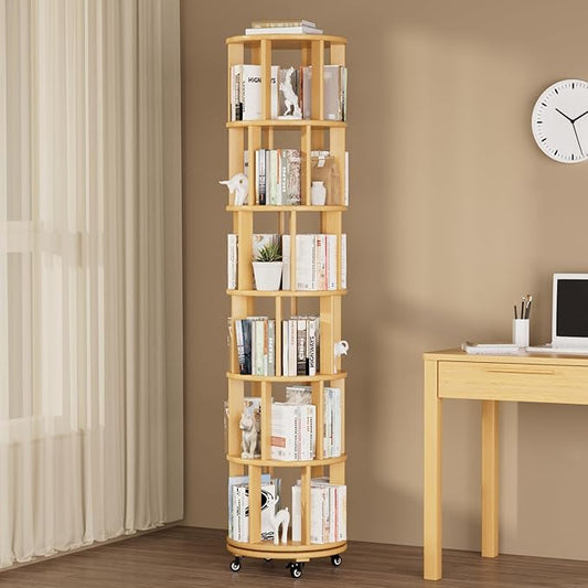 Rotating Bookshelf Tower with Wheels, 6 Tier Solid Wood Round Spinning Bookshelf Tower, 360° Revolving Bookcase Rolling for Kids Adult, Rotation Book Shelf for Bedroom, Living, Office, Corner, Natural