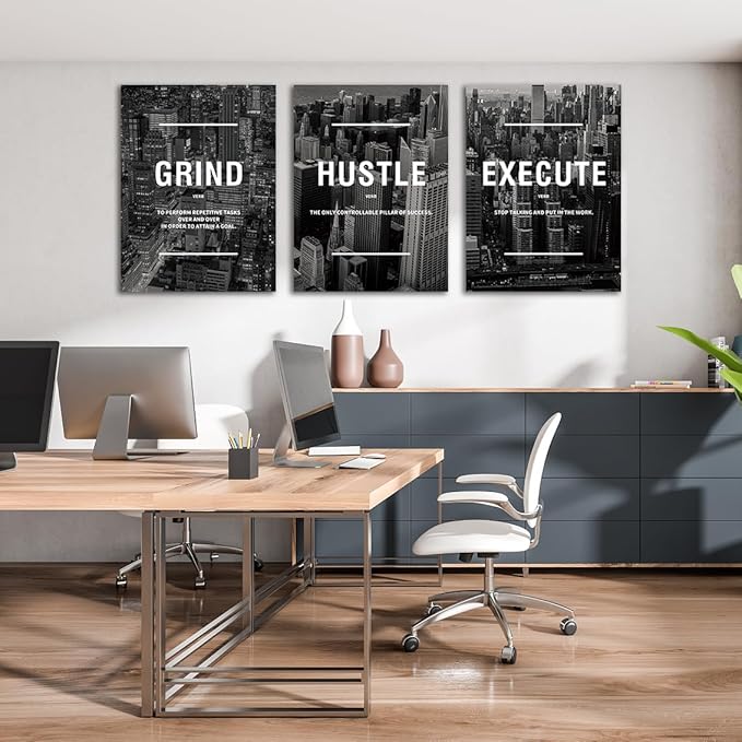 COSCTOR Set of 3 Motivational Wall Art Canvas for Office Workplace Garage Gym Living Room Bedroom Grind Hustle Execute Black and White Wall Decor Inspirational Quotes Posters for Paintings(Framed,12x16)