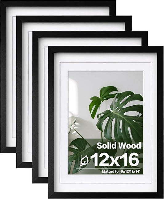 Egofine 12x16 Picture Frames 4PCS Covered by Plexiglass, Made of Solid Wood, Display Pictures 9x12/11x14 with Mat or 12x16 Without Mat for Wall Mounting, Black with Texture