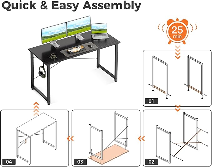 Casaottima 48 Inch Small Computer Desk for Home Office, Study Writing Table for Small Spaces, Simple Modern Desk with Headphone Hooks, Pure Black