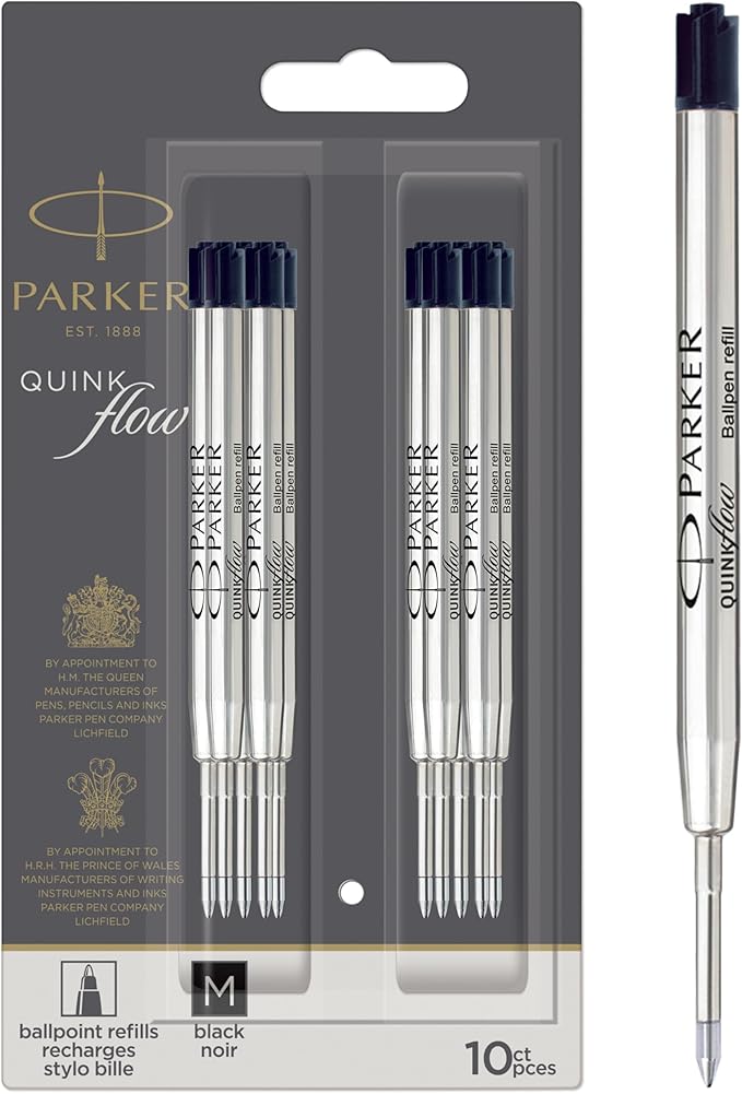Parker QUINKflow Authentic Black Ink Refills, Medium Point, For Ballpoint Pens, 10 Count - Desk, Office Supplies, Everyday Writing