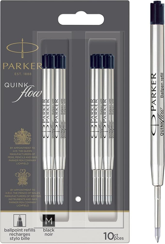 Parker QUINKflow Authentic Black Ink Refills, Medium Point, For Ballpoint Pens, 10 Count - Desk, Office Supplies, Everyday Writing