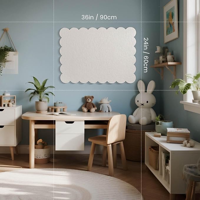 Scalloped Bulletin Board, 36 x 24 Inches Felt Pin Board - Decorative Cork Alternative for Wall, 3' x 2' Foldable Picture Self-Adhesive Vision Prayer Board with 20 Pushpins - White