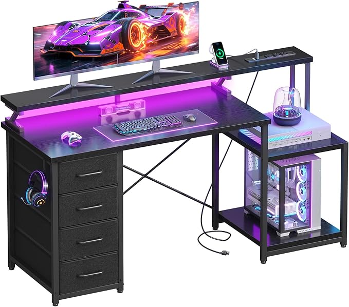 ODK 55 Inch Computer Gaming Desk with Power Outlets & 4 Drawers, Home Office Desk with Monitor Stand & Printer Shelves, Black