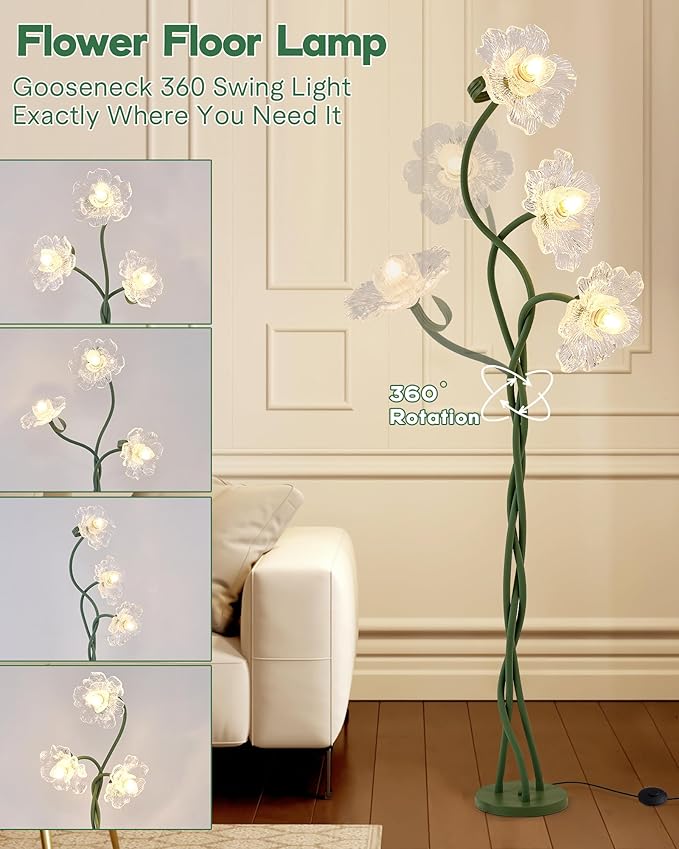 Flower Floor Lamp for Living Room, 3 Light Floor Lamps with Adjustable Gooseneck, Standing Lamp for Bedroom with 3 Color Temperatures, Tall Corner Floor Lamp for Living Room, Bedroom—Green