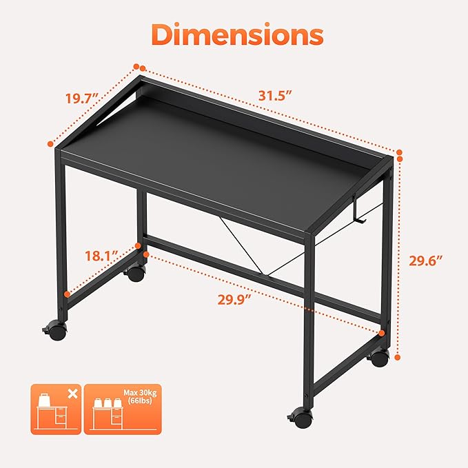 Mericonia 32 inch Rolling Computer Desk with Wheels, Gaming Desk for Small Spaces, Modern Simple Style Table for Home Office, Study Writing Table