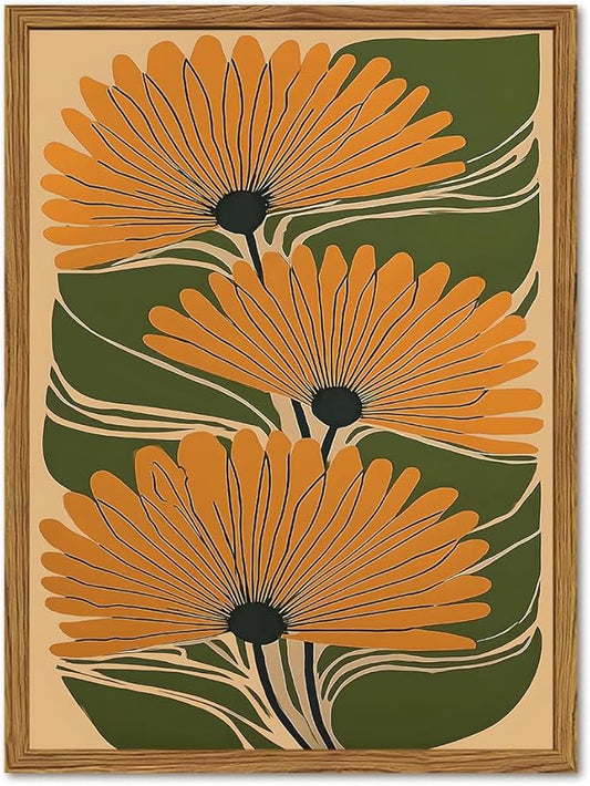 Framed Boho Floral Canvas Wall Art, Vintage Flower Pictures Wall Decor, Abstract Botanical Paintings Prints Maximalist Home Decor for living Room Bedroom Office 16x24 inch