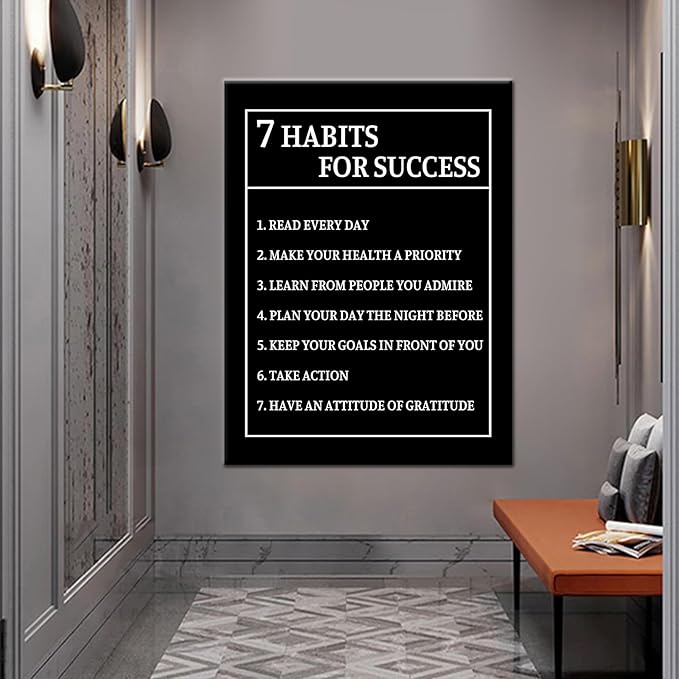 Motivational Canvas Wall Art Inspiring 7 Habits for Success Entrepreneur Quotes Poster Print Inspirational Picture Artwork for Living Room Office Workplace Decor Framed Ready to Hang [30''Wx 40''H]